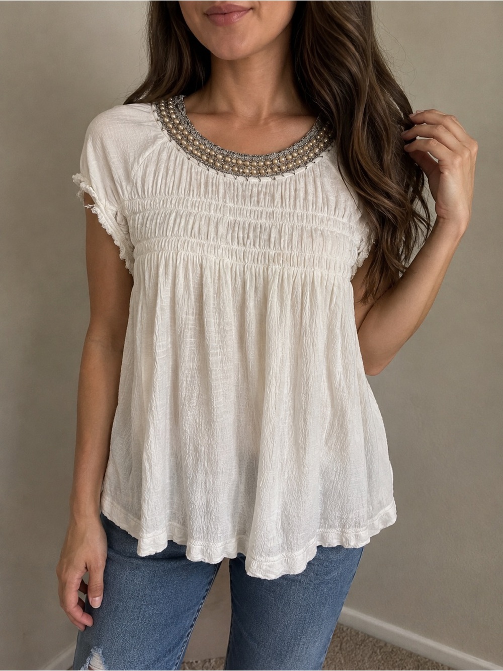 Free People Cream Beaded Scoop Neck Peasant Top